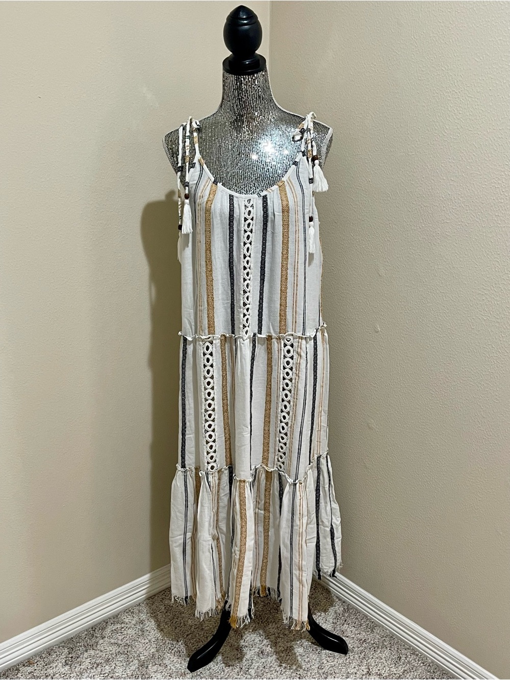 Boho Striped Tassel Maxi Dress - White & Tan
